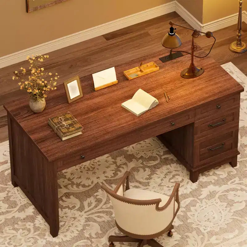 Bureau de direction de 53,5 pouces avec 4 tiroirs, bureau de télétravail de style rustique avec classeur, bureau d'ordinateur en bois pour l'étude, table de conférence