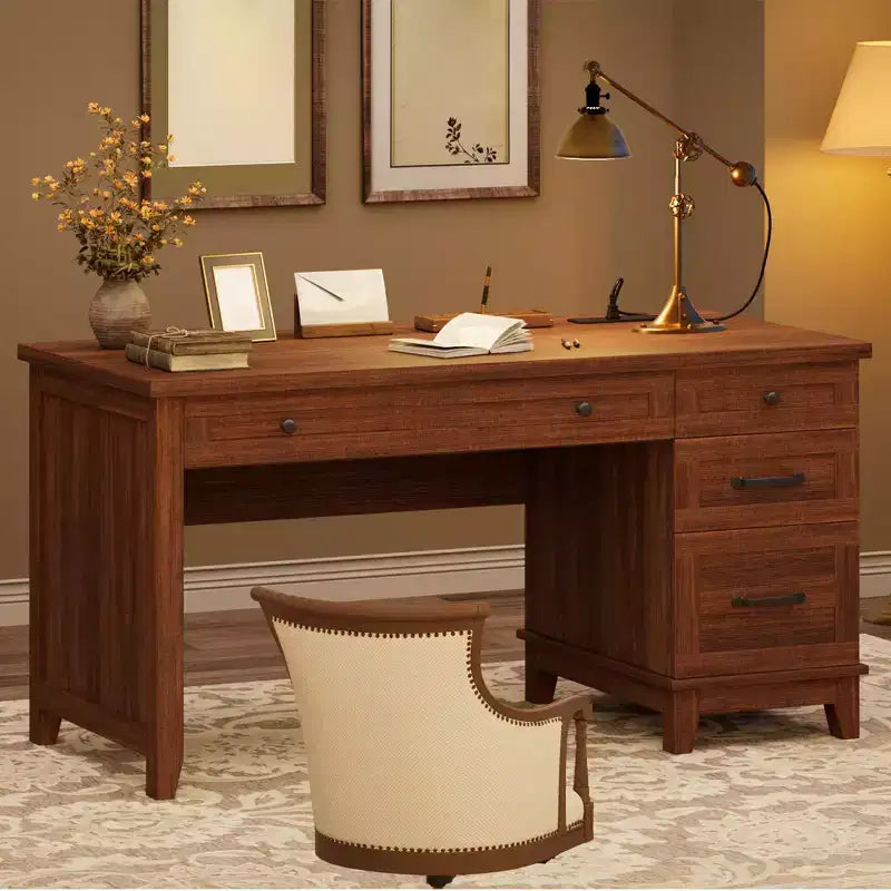 Bureau de direction de 53,5 pouces avec 4 tiroirs, bureau de télétravail de style rustique avec classeur, bureau d'ordinateur en bois pour l'étude, table de conférence