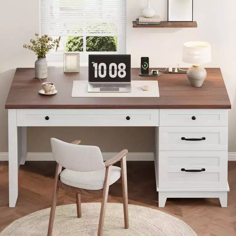 Bureau de direction de 53,5 pouces avec 4 tiroirs, bureau de télétravail de style rustique avec classeur, bureau d'ordinateur en bois pour l'étude, table de conférence