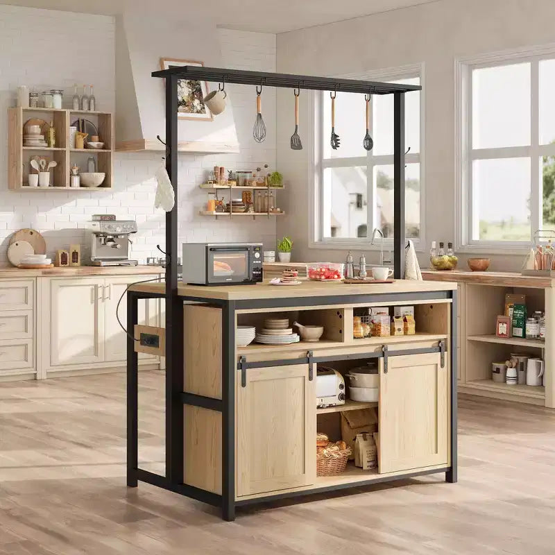 Coolmee Îlot de cuisine mobile de 106,7 cm avec rangement – Chariot roulant multifonctionnel avec 2 portes coulissantes de grange, 4 étagères ouvertes et 9 crochets