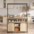Coolmee Îlot de cuisine mobile de 106,7 cm avec rangement – Chariot roulant multifonctionnel avec 2 portes coulissantes de grange, 4 étagères ouvertes et 9 crochets