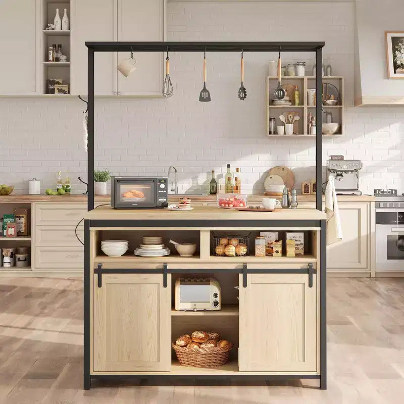 Coolmee Îlot de cuisine mobile de 106,7 cm avec rangement – Chariot roulant multifonctionnel avec 2 portes coulissantes de grange, 4 étagères ouvertes et 9 crochets