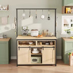 Coolmee Îlot de cuisine mobile de 106,7 cm avec rangement – Chariot roulant multifonctionnel avec 2 portes coulissantes de grange, 4 étagères ouvertes et 9 crochets