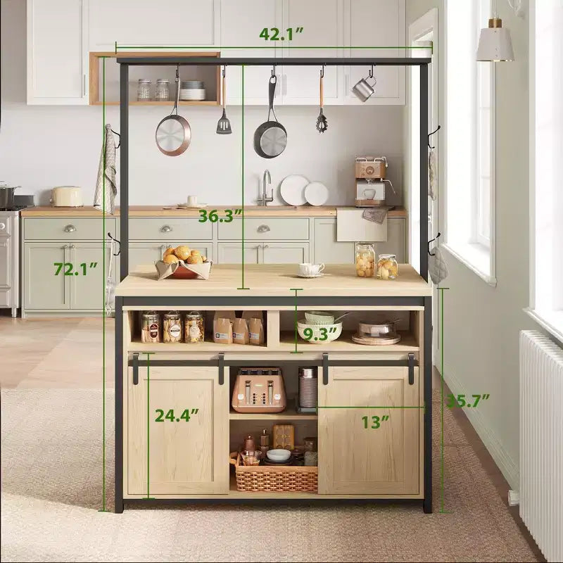 Coolmee Îlot de cuisine mobile de 106,7 cm avec rangement – Chariot roulant multifonctionnel avec 2 portes coulissantes de grange, 4 étagères ouvertes et 9 crochets