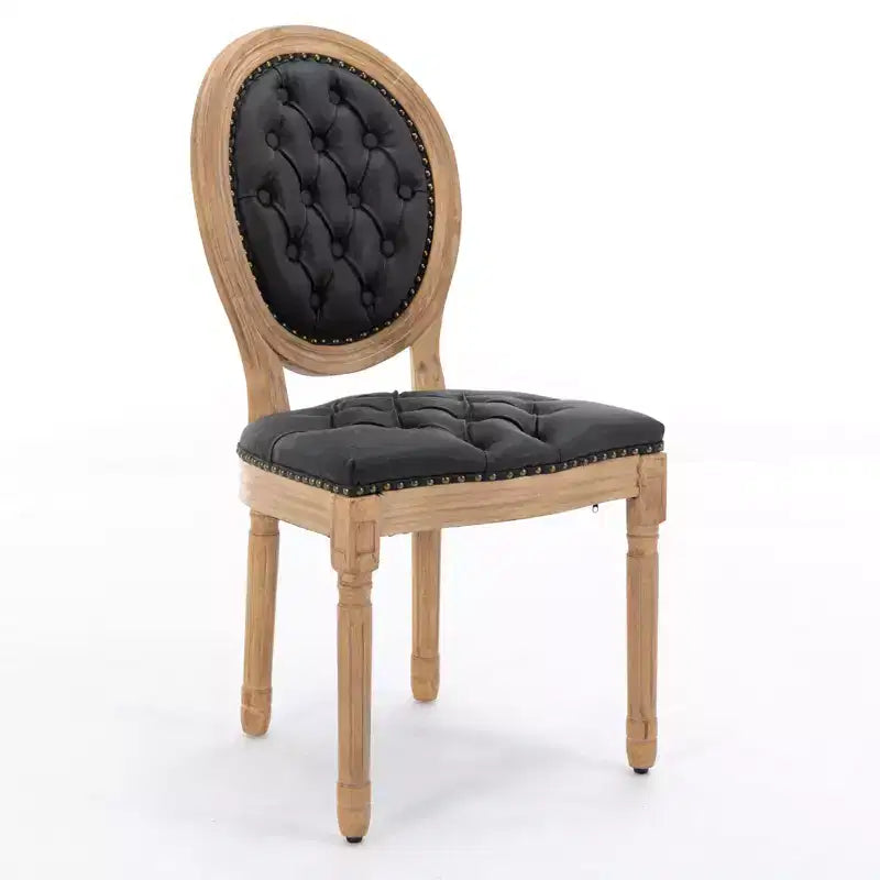 2 chaises de salle à manger en bois massif de style français, cadre noir, cuir artificiel PU, clous décoratifs et pieds en bois