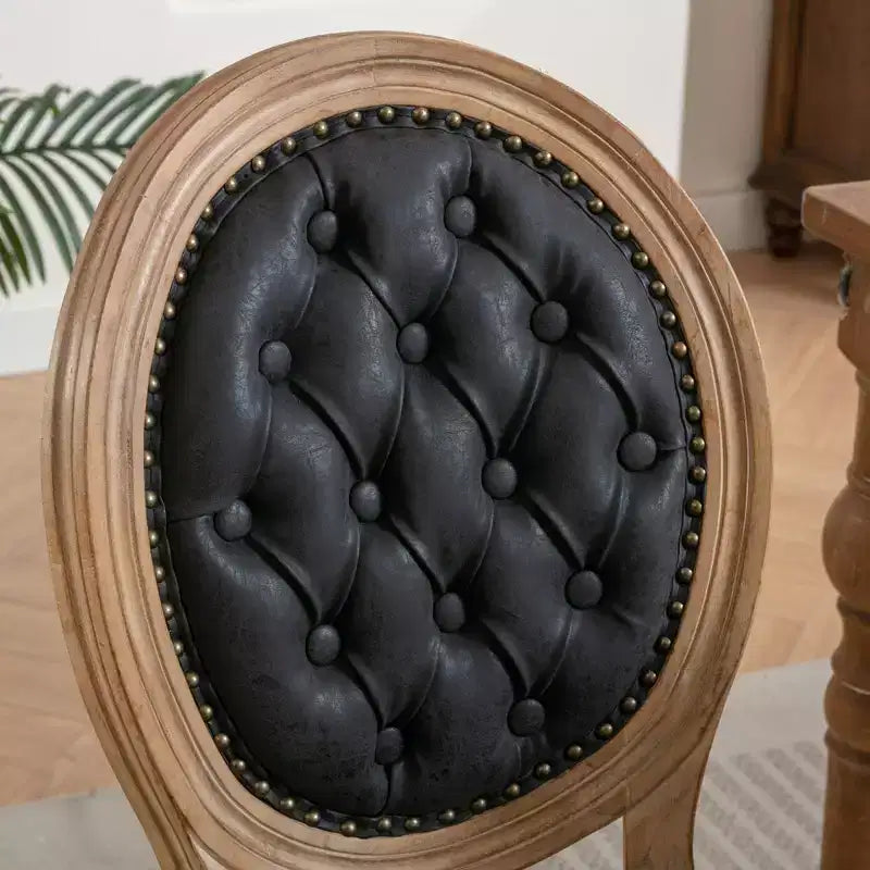 2 chaises de salle à manger en bois massif de style français, cadre noir, cuir artificiel PU, clous décoratifs et pieds en bois