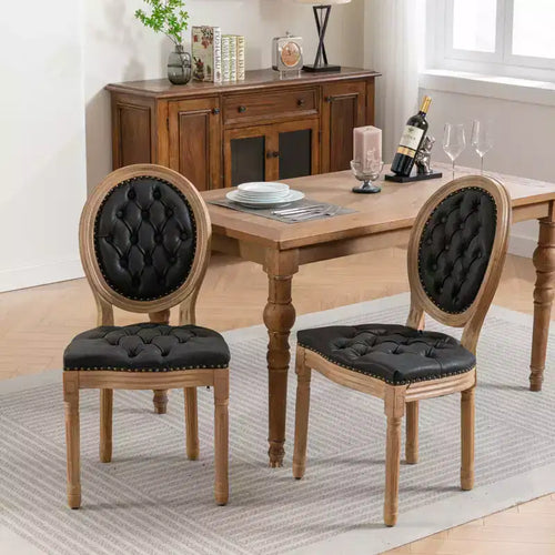 2 Pieces Black French Style Solid Wood Frame PU artificial leather Dining Chair with Nailhead Trim and Wood Legs