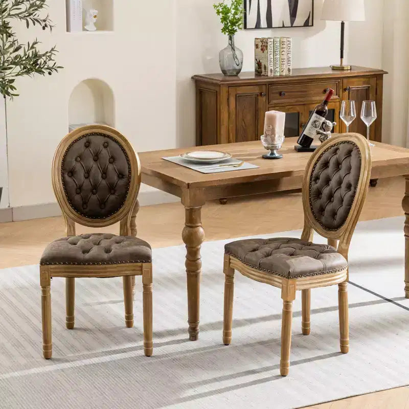2 chaises de salle à manger en bois massif de style français, cadre noir, cuir artificiel PU, clous décoratifs et pieds en bois