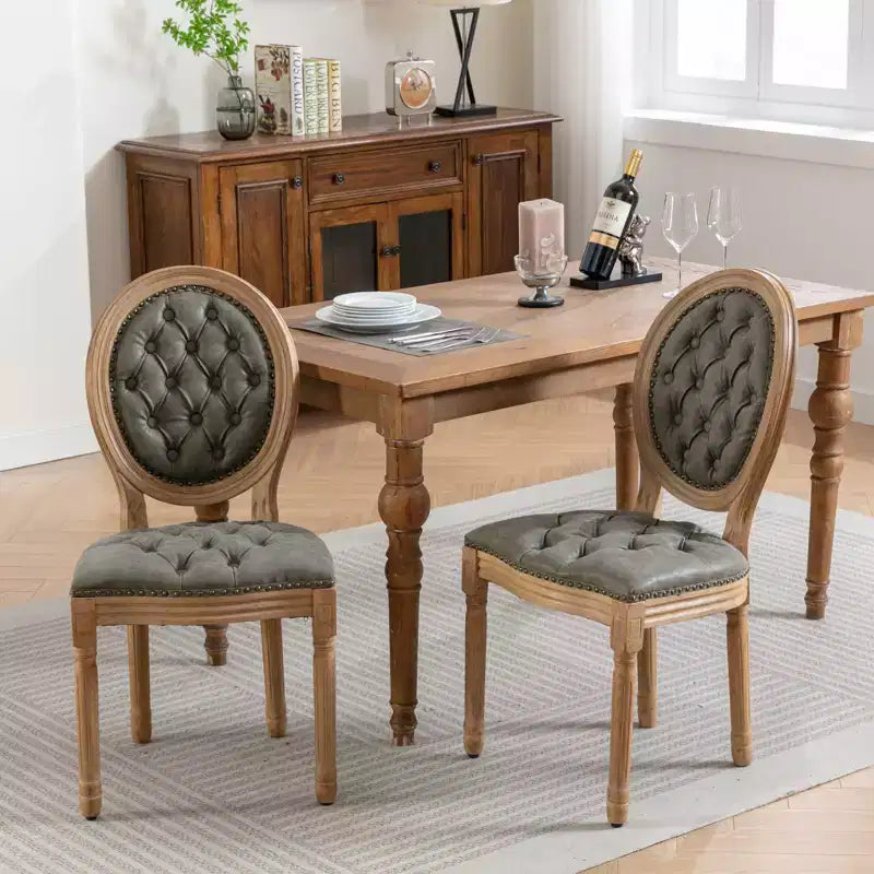 2 chaises de salle à manger en bois massif de style français, cadre noir, cuir artificiel PU, clous décoratifs et pieds en bois