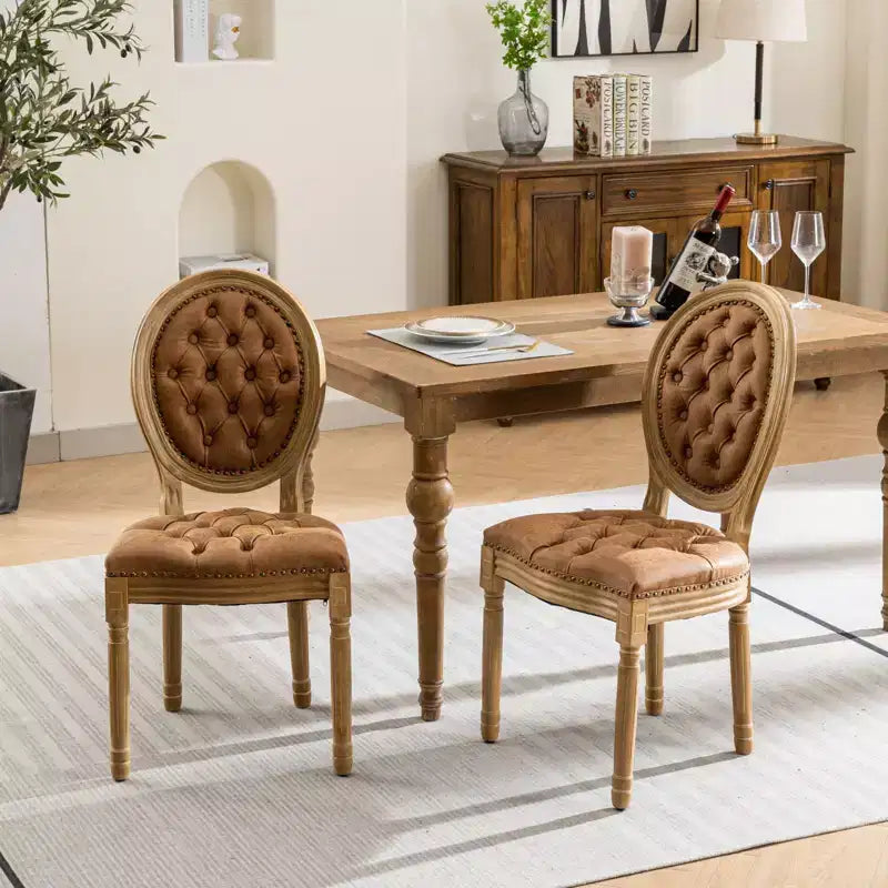 2 chaises de salle à manger en bois massif de style français, cadre noir, cuir artificiel PU, clous décoratifs et pieds en bois