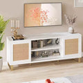 65 White TV Stand - Modern Rattan Entertainment Center with Storage Doors & Shelves