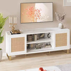 65 White TV Stand - Modern Rattan Entertainment Center with Storage Doors & Shelves
