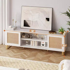 Meuble TV blanc 65" - Meuble TV moderne en rotin avec portes de rangement et étagères
