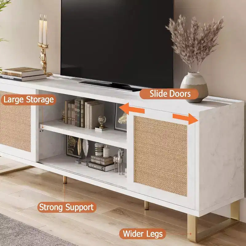 Meuble TV blanc 65" - Meuble TV moderne en rotin avec portes de rangement et étagères