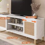 Meuble TV blanc 65" - Meuble TV moderne en rotin avec portes de rangement et étagères