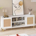 Meuble TV blanc 65" - Meuble TV moderne en rotin avec portes de rangement et étagères