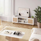 Meuble TV blanc 65" - Meuble TV moderne en rotin avec portes de rangement et étagères