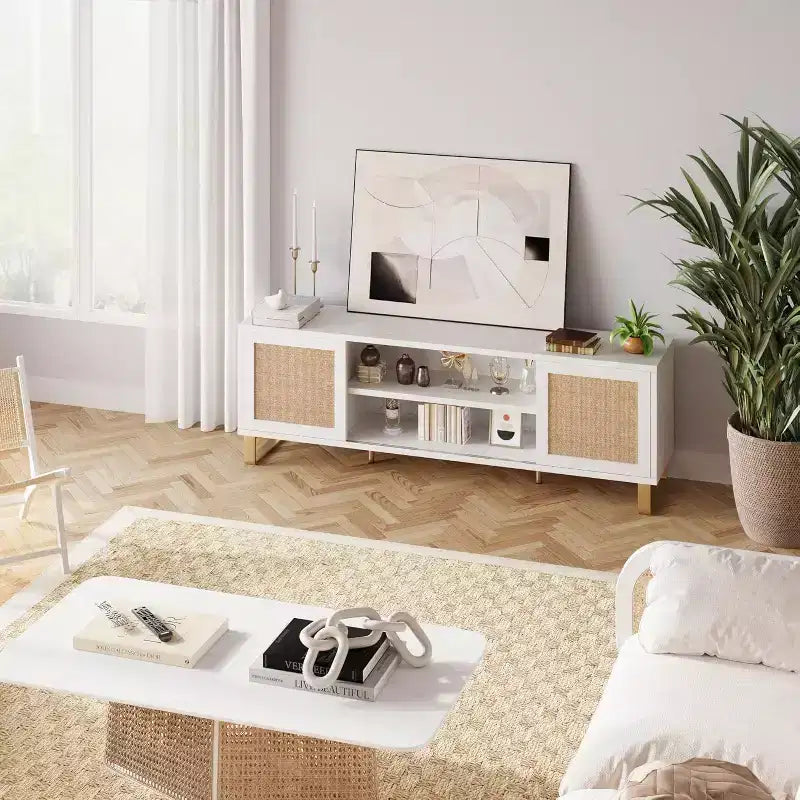 Meuble TV blanc 65" - Meuble TV moderne en rotin avec portes de rangement et étagères