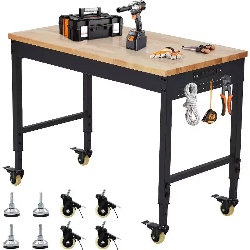 Adjustable Workbench 2000 Lbs Capacity, Rubber Wood Table Heavy Duty Workstation with Hardwood Top, Power Outlets,Metal Frame,Swivel Casters