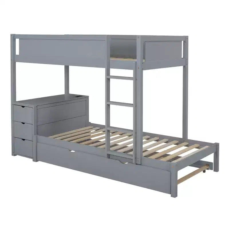 Lit superposé avec lit gigogne et bureau, cadre de lit superposé en bois massif avec tiroirs de rangement et étagères pour chambre d'enfants et d'adultes