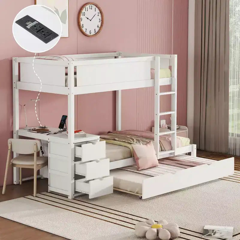 Lit superposé avec lit gigogne et bureau, cadre de lit superposé en bois massif avec tiroirs de rangement et étagères pour chambre d'enfants et d'adultes