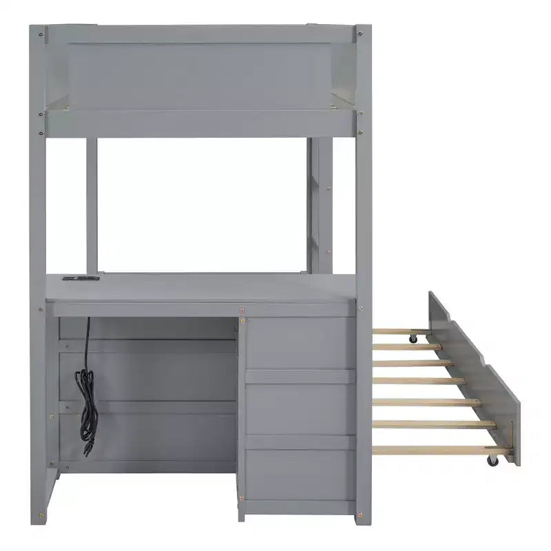 Lit superposé avec lit gigogne et bureau, cadre de lit superposé en bois massif avec tiroirs de rangement et étagères pour chambre d'enfants et d'adultes
