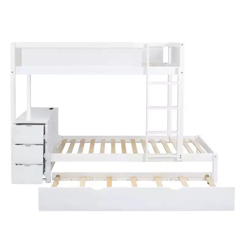 Lit superposé avec lit gigogne et bureau, cadre de lit superposé en bois massif avec tiroirs de rangement et étagères pour chambre d'enfants et d'adultes