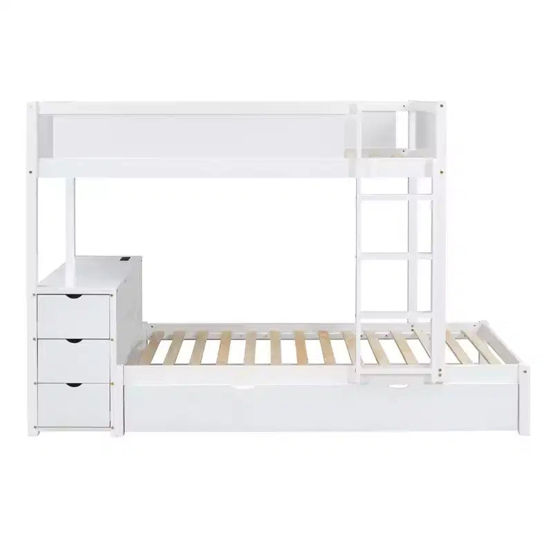 Lit superposé avec lit gigogne et bureau, cadre de lit superposé en bois massif avec tiroirs de rangement et étagères pour chambre d'enfants et d'adultes