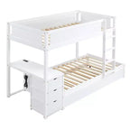 Lit superposé avec lit gigogne et bureau, cadre de lit superposé en bois massif avec tiroirs de rangement et étagères pour chambre d'enfants et d'adultes