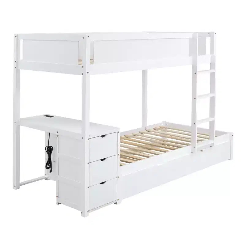 Lit superposé avec lit gigogne et bureau, cadre de lit superposé en bois massif avec tiroirs de rangement et étagères pour chambre d'enfants et d'adultes