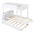 Lit superposé avec lit gigogne et bureau, cadre de lit superposé en bois massif avec tiroirs de rangement et étagères pour chambre d'enfants et d'adultes