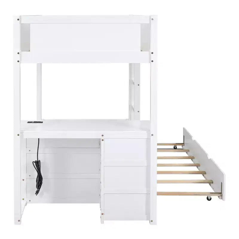 Lit superposé avec lit gigogne et bureau, cadre de lit superposé en bois massif avec tiroirs de rangement et étagères pour chambre d'enfants et d'adultes