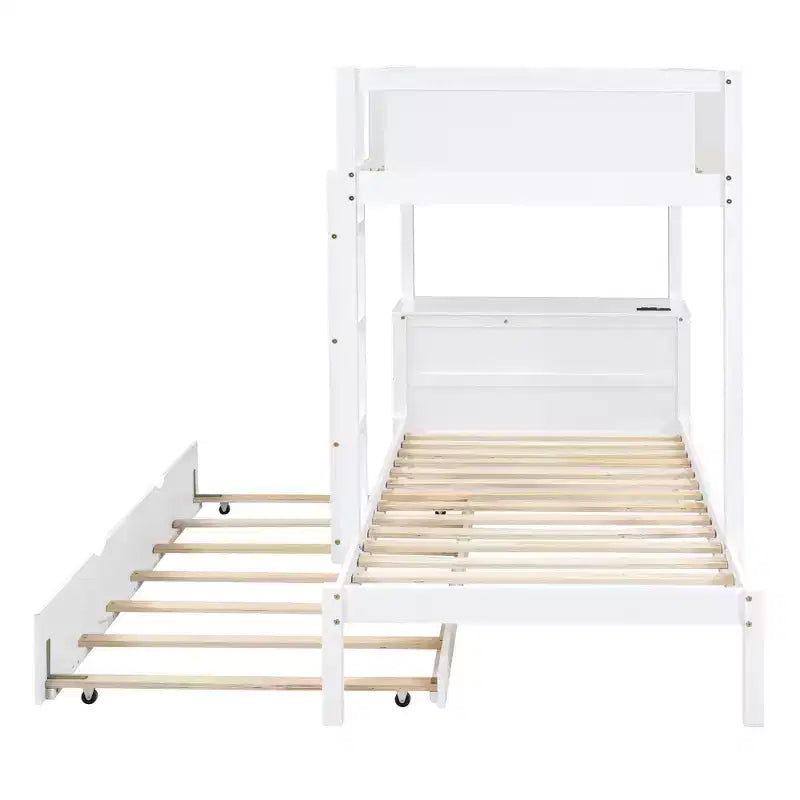 Lit superposé avec lit gigogne et bureau, cadre de lit superposé en bois massif avec tiroirs de rangement et étagères pour chambre d'enfants et d'adultes