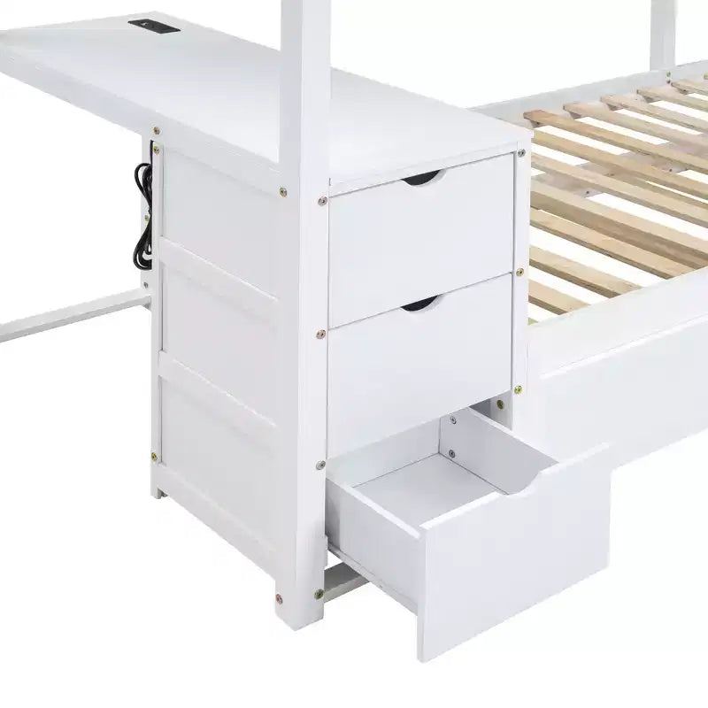 Lit superposé avec lit gigogne et bureau, cadre de lit superposé en bois massif avec tiroirs de rangement et étagères pour chambre d'enfants et d'adultes
