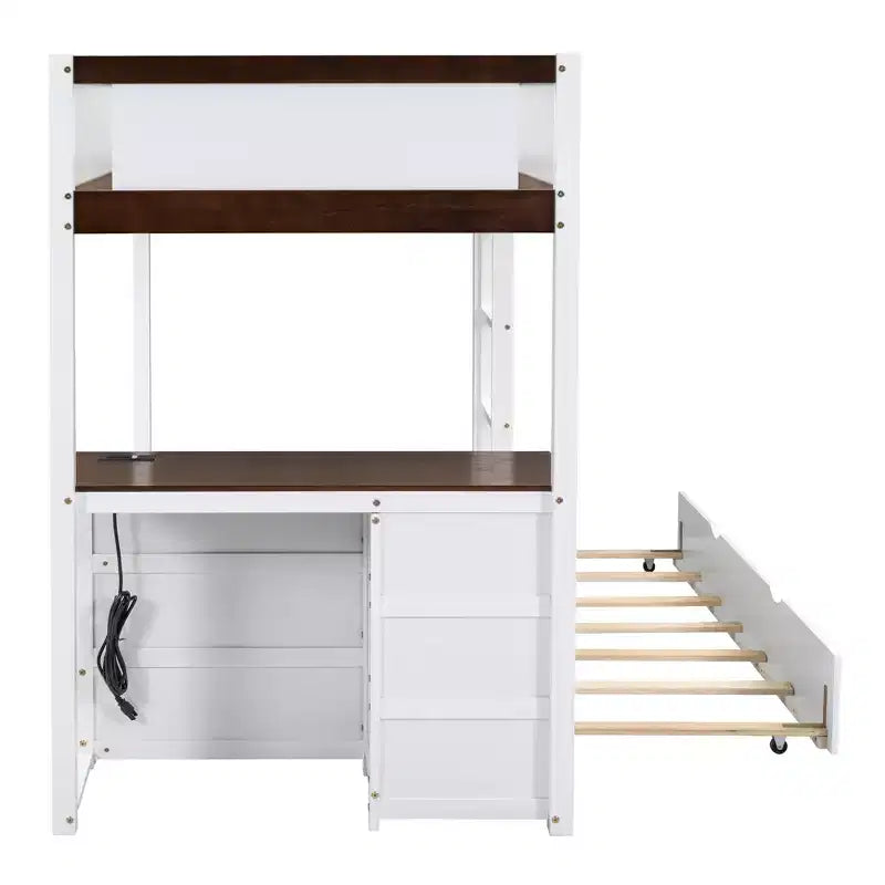 Lit superposé avec lit gigogne et bureau, cadre de lit superposé en bois massif avec tiroirs de rangement et étagères pour chambre d'enfants et d'adultes