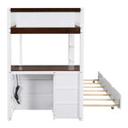 Lit superposé avec lit gigogne et bureau, cadre de lit superposé en bois massif avec tiroirs de rangement et étagères pour chambre d'enfants et d'adultes