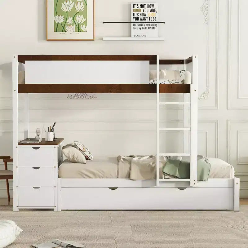 Lit superposé avec lit gigogne et bureau, cadre de lit superposé en bois massif avec tiroirs de rangement et étagères pour chambre d'enfants et d'adultes