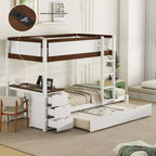 Lit superposé avec lit gigogne et bureau, cadre de lit superposé en bois massif avec tiroirs de rangement et étagères pour chambre d'enfants et d'adultes