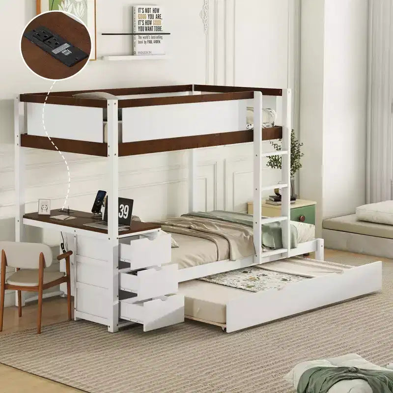 Lit superposé avec lit gigogne et bureau, cadre de lit superposé en bois massif avec tiroirs de rangement et étagères pour chambre d'enfants et d'adultes