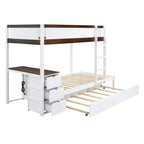 Lit superposé avec lit gigogne et bureau, cadre de lit superposé en bois massif avec tiroirs de rangement et étagères pour chambre d'enfants et d'adultes