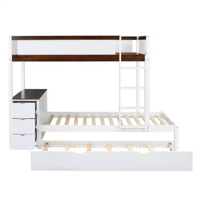 Lit superposé avec lit gigogne et bureau, cadre de lit superposé en bois massif avec tiroirs de rangement et étagères pour chambre d'enfants et d'adultes
