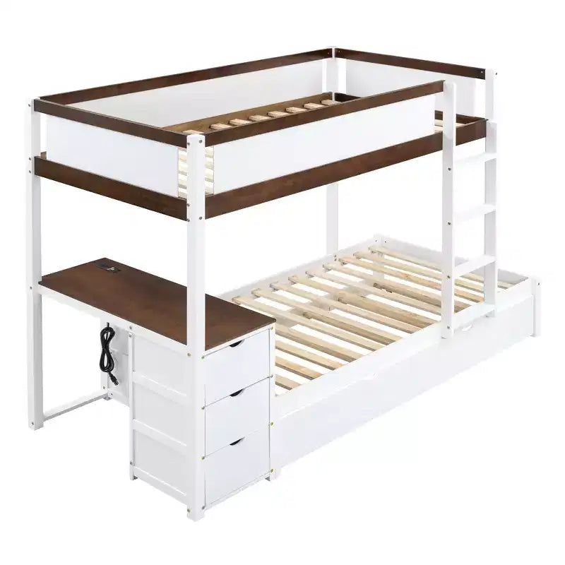 Lit superposé avec lit gigogne et bureau, cadre de lit superposé en bois massif avec tiroirs de rangement et étagères pour chambre d'enfants et d'adultes