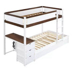 Lit superposé avec lit gigogne et bureau, cadre de lit superposé en bois massif avec tiroirs de rangement et étagères pour chambre d'enfants et d'adultes