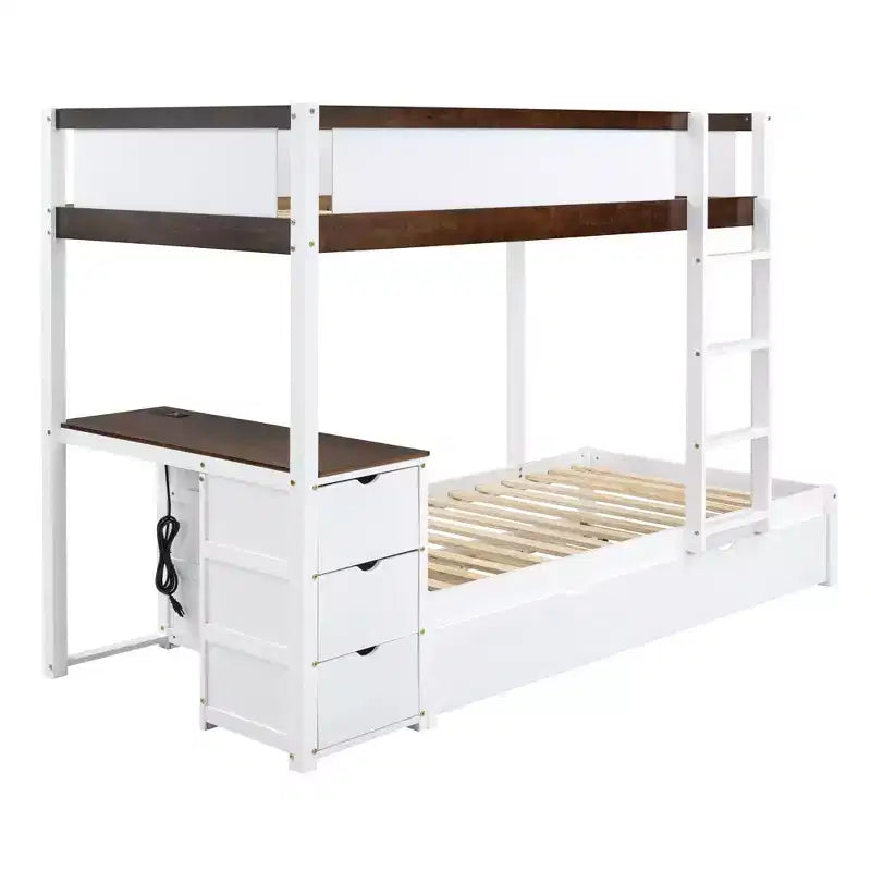 Lit superposé avec lit gigogne et bureau, cadre de lit superposé en bois massif avec tiroirs de rangement et étagères pour chambre d'enfants et d'adultes