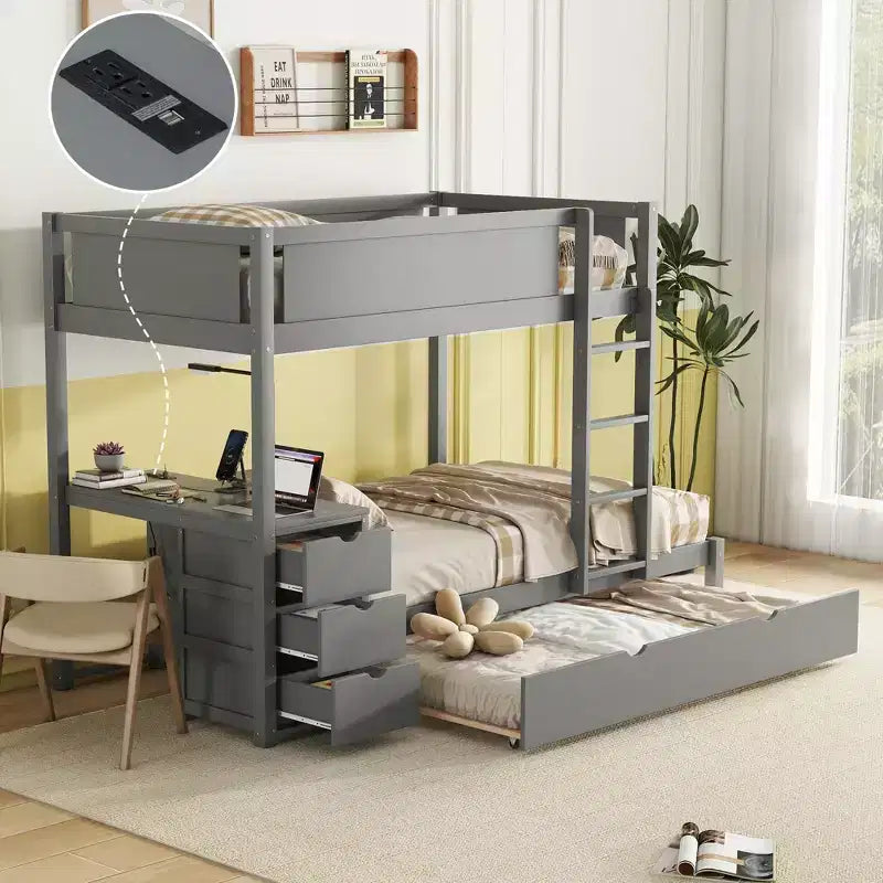Lit superposé avec lit gigogne et bureau, cadre de lit superposé en bois massif avec tiroirs de rangement et étagères pour chambre d'enfants et d'adultes