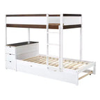 Lit superposé avec lit gigogne et bureau, cadre de lit superposé en bois massif avec tiroirs de rangement et étagères pour chambre d'enfants et d'adultes