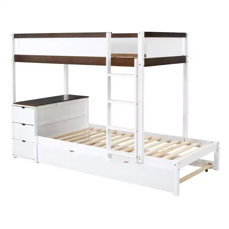 Lit superposé avec lit gigogne et bureau, cadre de lit superposé en bois massif avec tiroirs de rangement et étagères pour chambre d'enfants et d'adultes