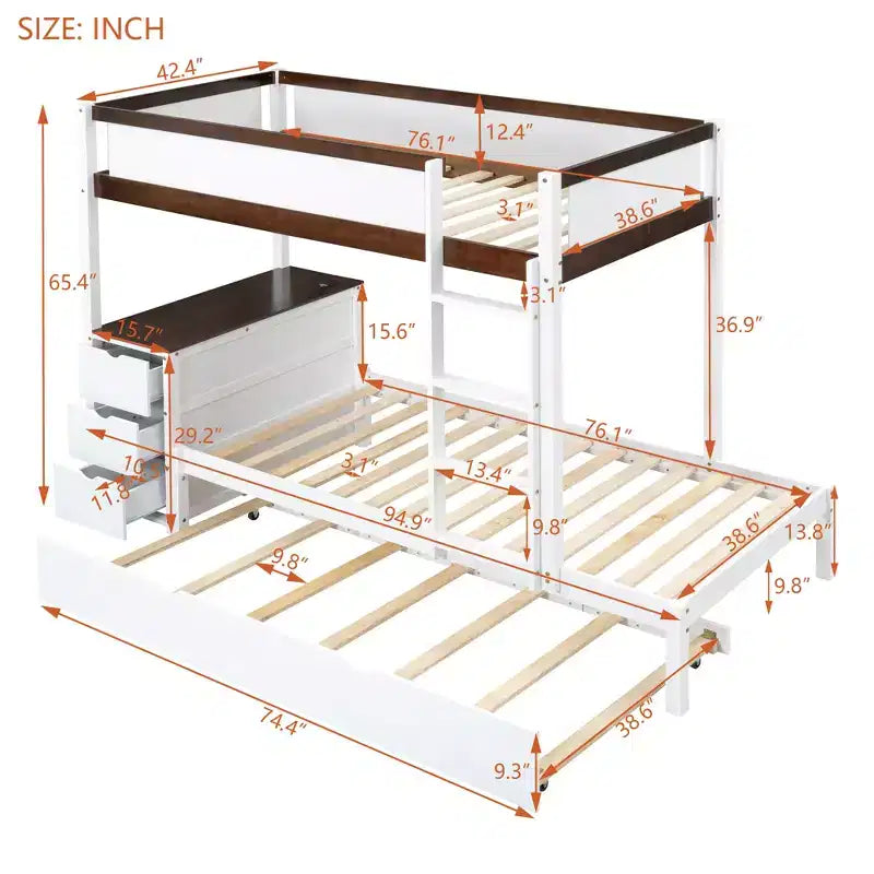 Lit superposé avec lit gigogne et bureau, cadre de lit superposé en bois massif avec tiroirs de rangement et étagères pour chambre d'enfants et d'adultes