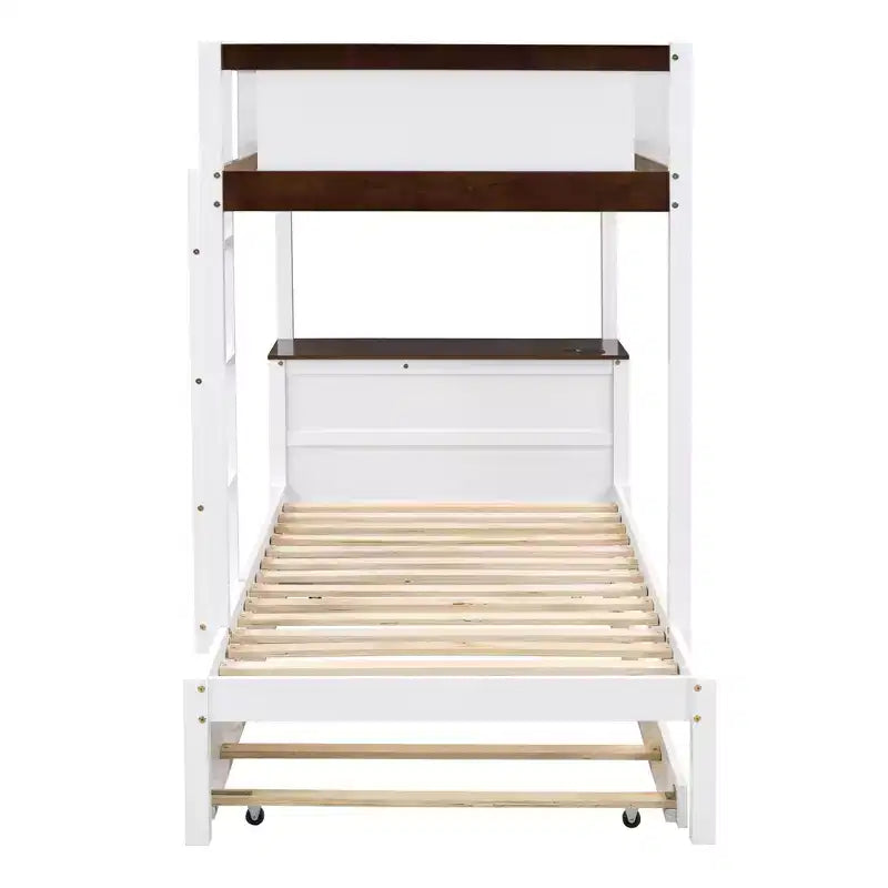Lit superposé avec lit gigogne et bureau, cadre de lit superposé en bois massif avec tiroirs de rangement et étagères pour chambre d'enfants et d'adultes