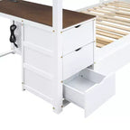 Lit superposé avec lit gigogne et bureau, cadre de lit superposé en bois massif avec tiroirs de rangement et étagères pour chambre d'enfants et d'adultes
